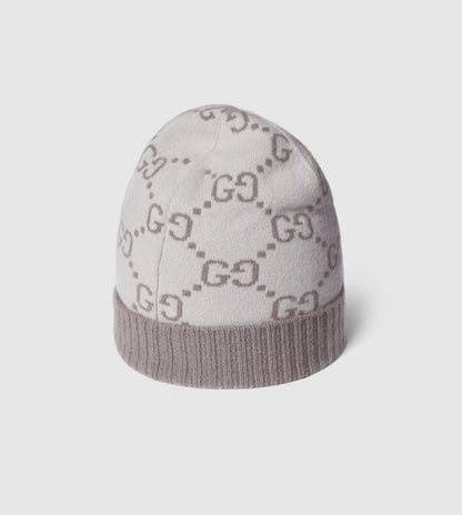 Bonnet et Écharpe en jacquard de cachemire GG ivoire et gris clair