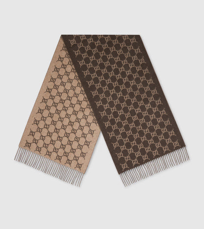 Bonnet et Écharpe en jacquard de cachemire GG marron et beige